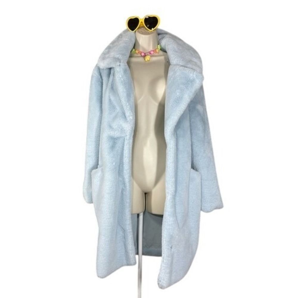 Plush Faux Fur W/M pale Blue large lapel Snap Front Vine & Valley coat LN - Picture 2 of 15